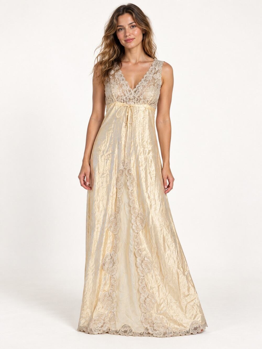 Vintage Blanche Ivory Satin Lace Maxi Nightgown Size Medium
